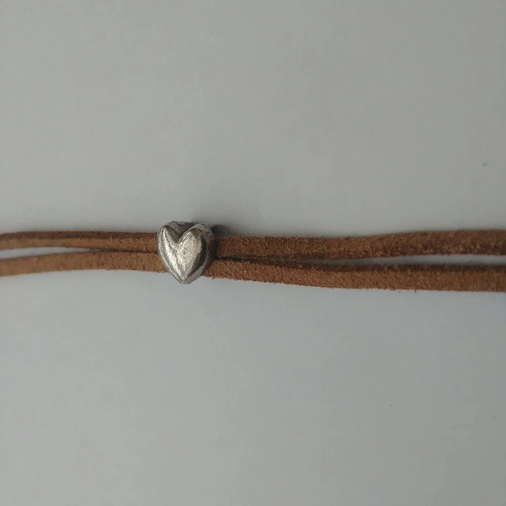 Y2K Brown leather double strand short necklace choker silver heart - Picture 7 of 9